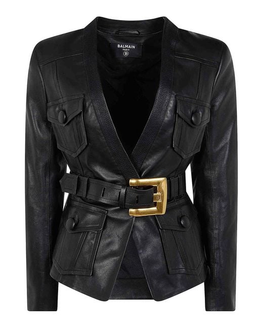 Balmain Black 4 Pockets Belted Fitted Lambskin Jacket