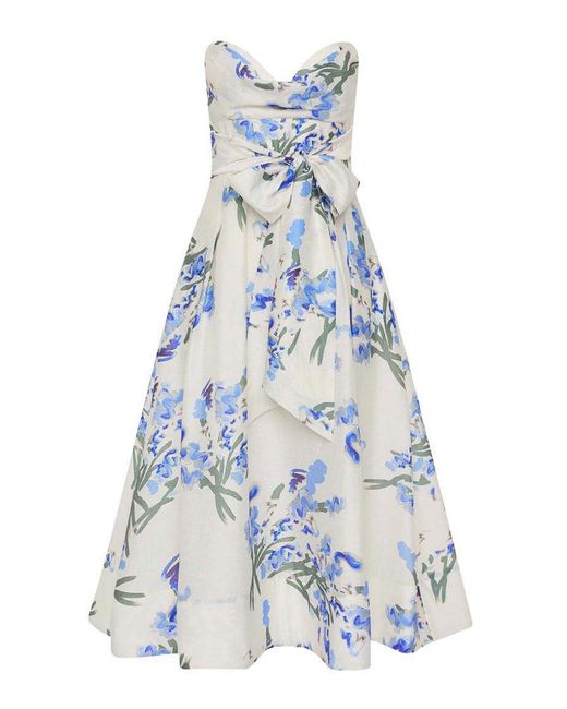 Rebecca Vallance Blue Print Linen Blend Midi Bustier Dress