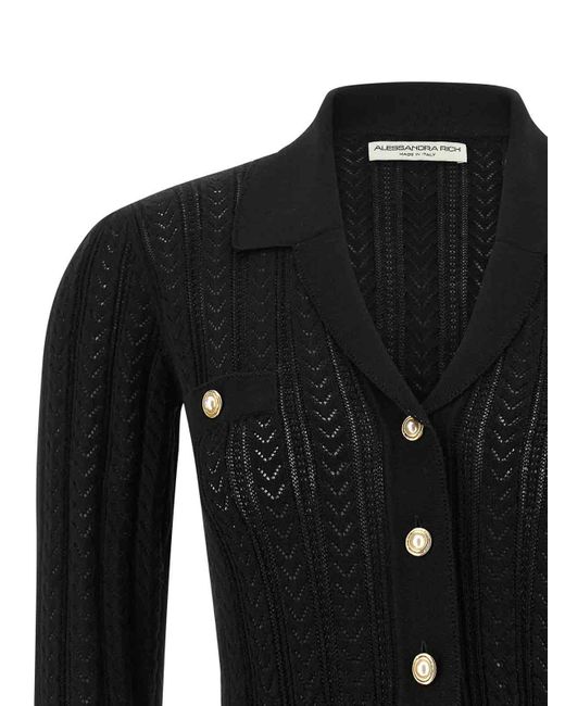 Alessandra Rich Black V-Neck Openwork Knit Cardigan