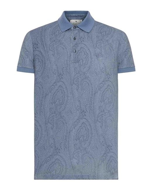 Etro Blue Cotton Polo Shirt With Arnica Pattern for men