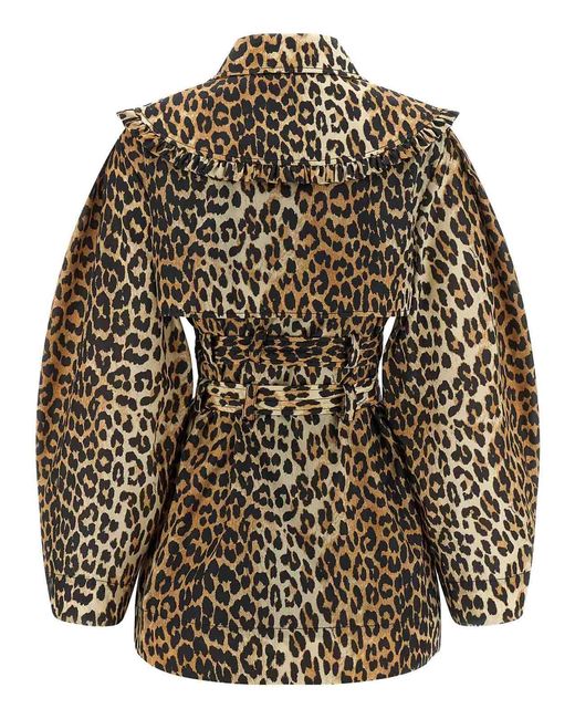 Ganni Brown Leopard Duchesse Nylon Short Trench Coat