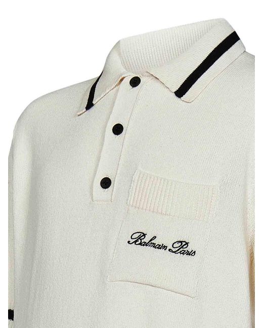 Balmain White Cotton And Lyocell Knit Polo Shirt for men