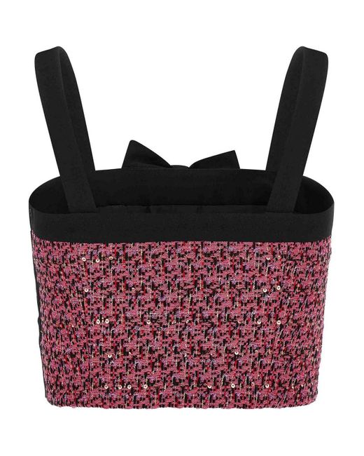 Alessandra Rich Red Wool Blend Tweed Top With Micro-Sequin Embroidery And Bow Detail