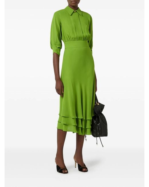 Elisabetta Franchi Green Viscose Georgette Ruffled Midi Dress