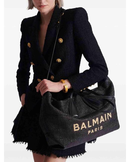 Balmain Black Track Raffia Tote
