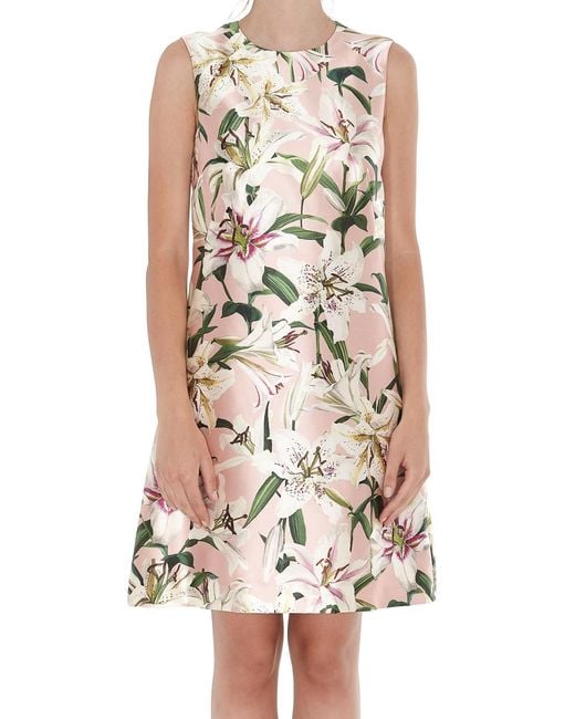 Dolce & Gabbana Natural Lilium Print Shantung Silk Dress