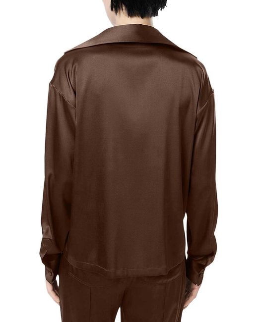 Tom Ford Silk Satin Blouse With Tf Logo Embroidered In Tone-on-tone Brown
