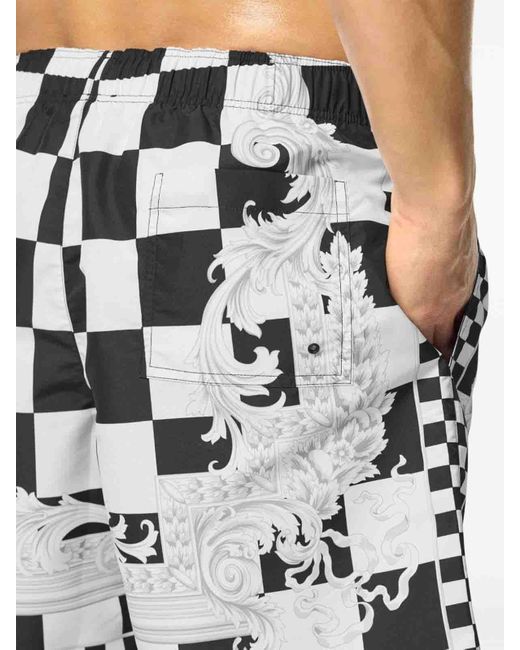 Versace White Checkered Print Swimsuit for men