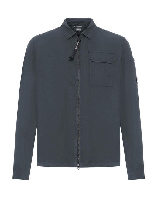 C P Company Blue Organic Gabardine Overshirt With Lenses And Zip for men