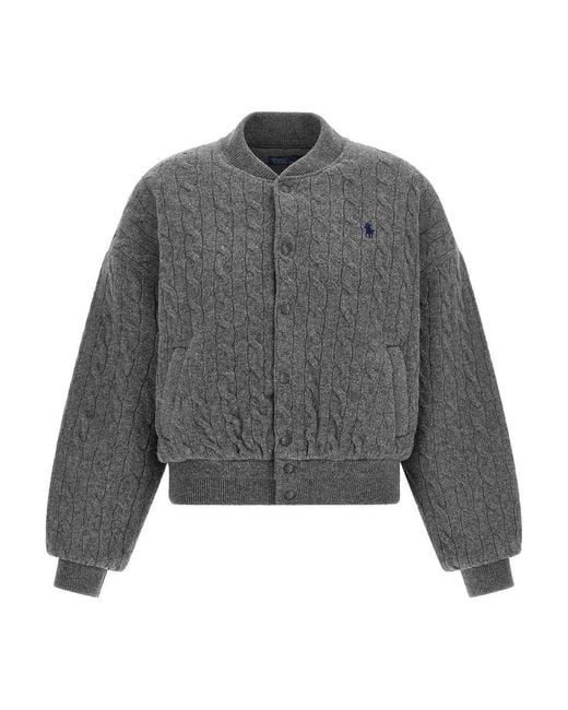 Polo Ralph Lauren Gray Padded Knit Braided Bomber Jacket