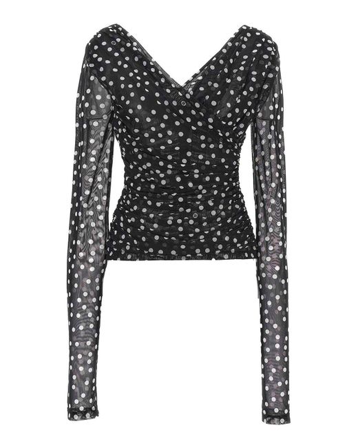 Dolce & Gabbana Black Polka-Dot Tulle Top With Wrap-Front Neckline