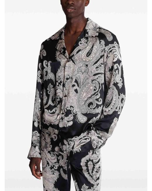 Balmain Gray Paisley Printed Silk Shirt for men
