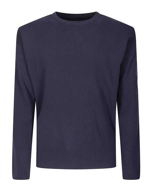 C P Company Blue Cotton Sea Island Crewneck Lens Sweater for men