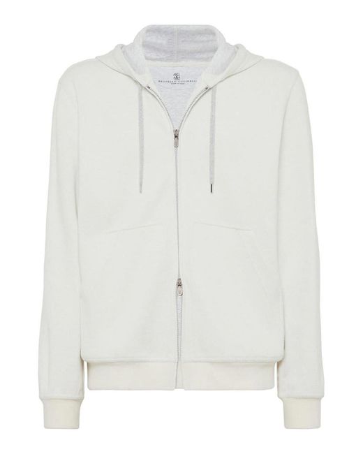 Brunello Cucinelli White Zip-Up Jersey Hoodie for men