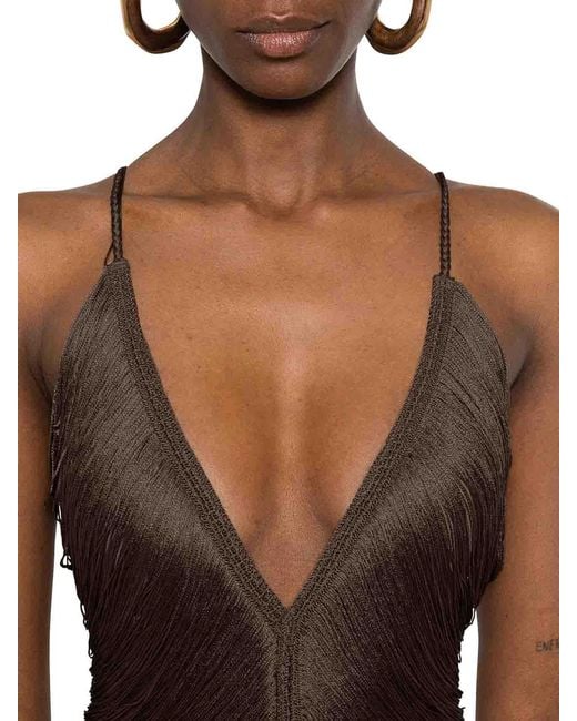 Bless Brown Long Sol Dress With Fringes And V-Neck