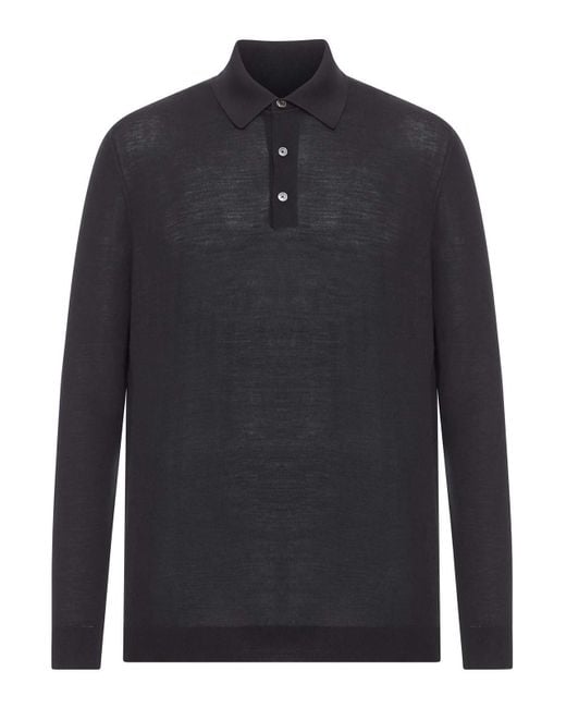 Kiton Blue Long-Sleeved Wool Polo Shirt for men