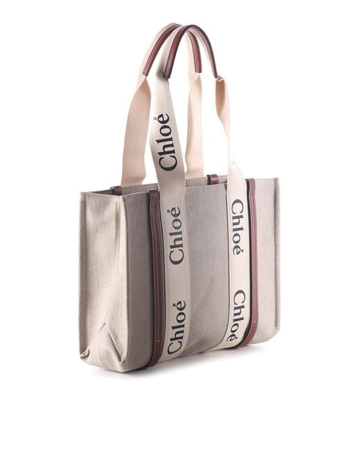 Chloé Natural Double Long Handle Linen Bag With Logo