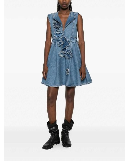 Ganni Blue Flower Denim Puff Mini Dress