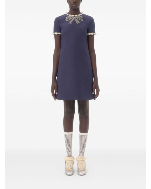 Valentino Blue Wool And Silk Embroidered Dress