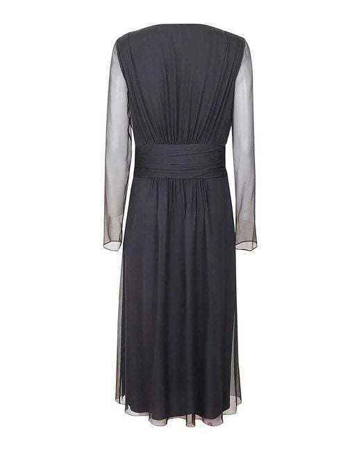 Alberta Ferretti Blue Midi Dress With Deep V-Neckline And Sheer Sleeves