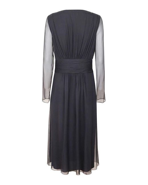 Alberta Ferretti Blue Midi Dress With Deep V-Neckline And Sheer Sleeves