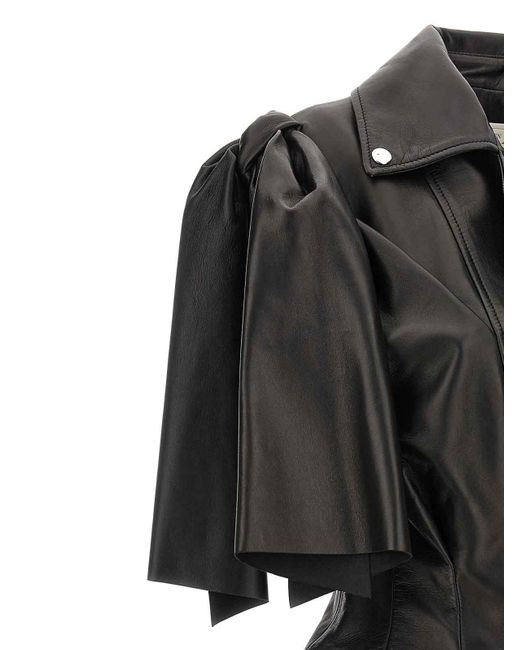 McQueen Black Sleeveless Leather Jacket With Knotted Drapery
