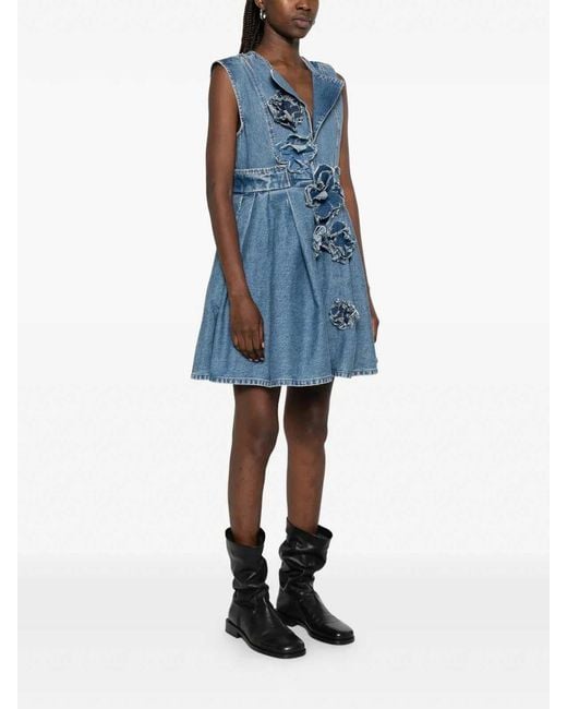 Ganni Blue Flower Denim Puff Mini Dress