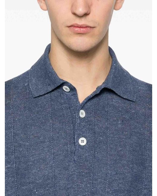 Brunello Cucinelli Blue Linen And Cotton Wide Rib Knit Polo for men