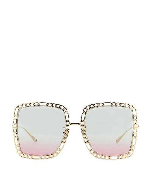 Gucci Gray Rectangular Sunglasses With Chain