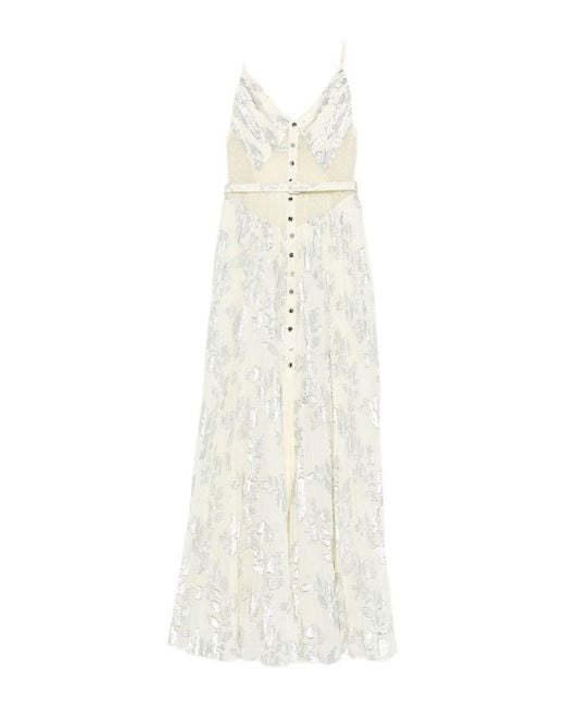 Self-Portrait White Long Dress With Rhinestones And Embroidery