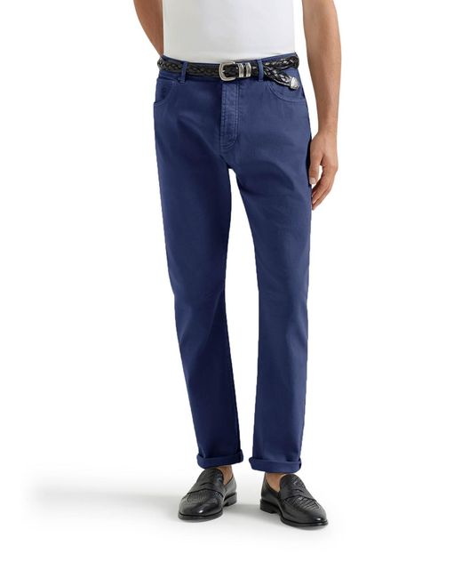 Brunello Cucinelli Blue Five-Pocket Garment-Dyed Denim Trousers for men