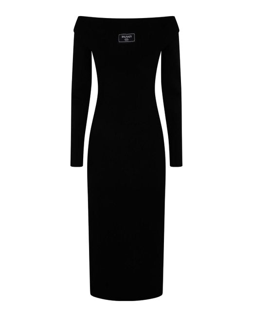 Balmain Black Ls Double Collar Knit Zipped Midi Dress