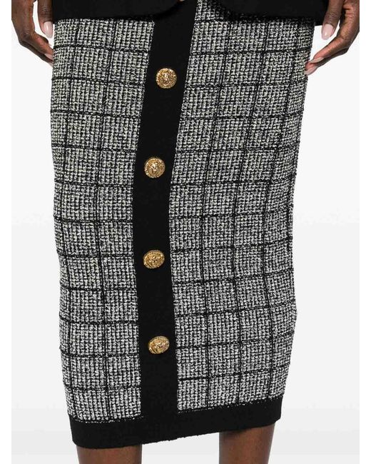 Balmain Gray Checked Tweed High-Rise Midi Pencil Skirt