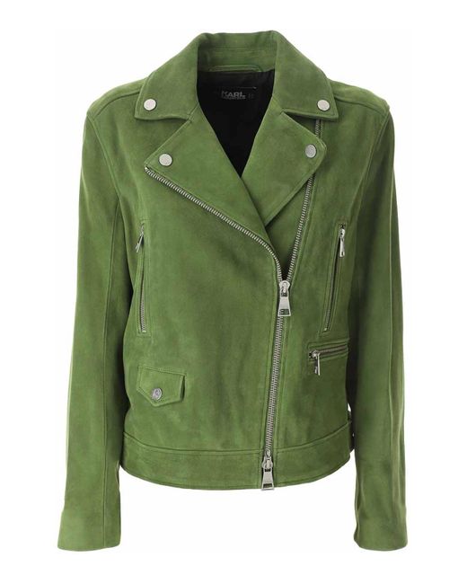 Karl Lagerfeld Green Suede Leather Biker Jacket