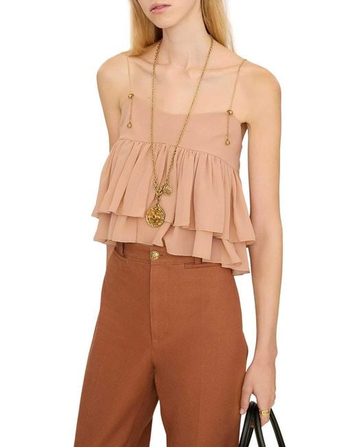 Chloé Natural Sleeveless Silk Georgette Top With Ruffles