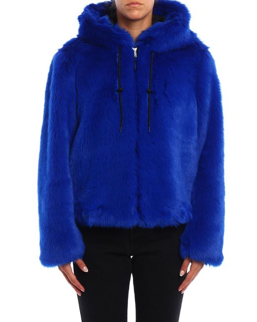 MSGM Blue Faux Fur Hooded Jacket