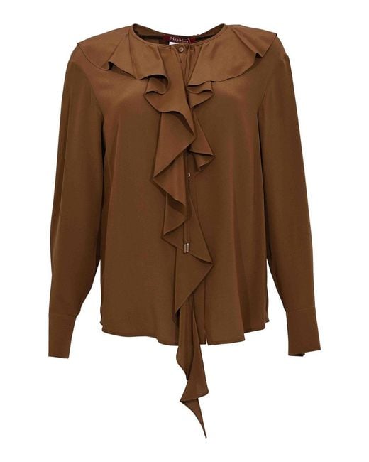 Max Mara Brown Mstepica Silk Blouse With Chocolate Ruffles