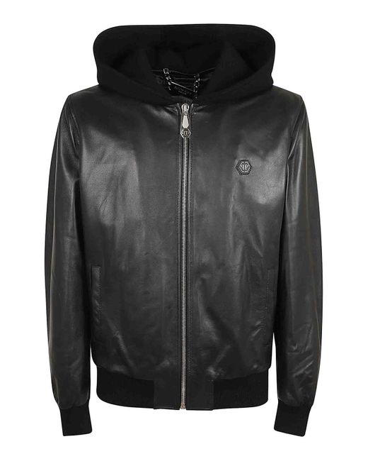 Philipp Plein Black Nappa Leather Hoodie Bomber for men