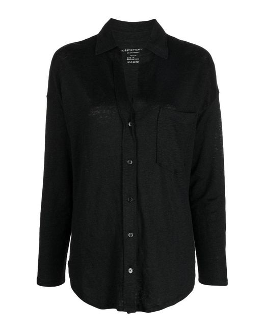 Majestic Filatures Black 3/4 Sleeve Linen Shirt