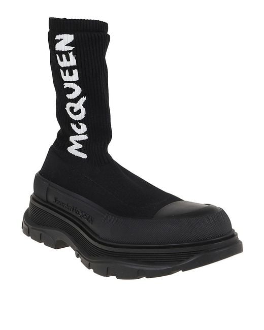 McQueen Black Tread Silck Ankle Boots for men