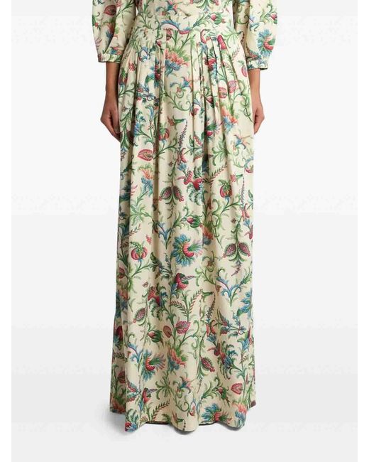 Etro White Pleated Cotton Maxi Skirt With Floral Motif