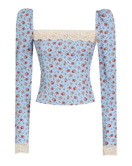 Dolce & Gabbana Blue Silk-Blend Rose Print Top