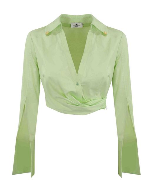 Elisabetta Franchi Green Satin Crop Shirt With Draping