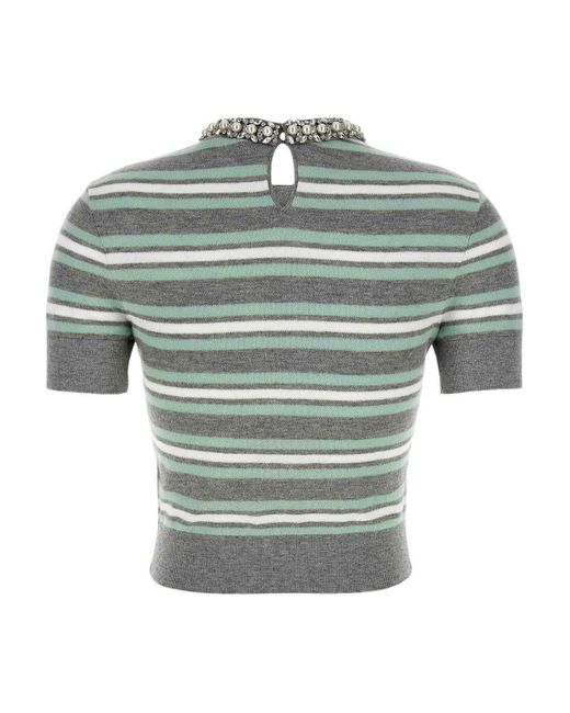 Self-Portrait Green Striped Crystal Trim Knit Sweater