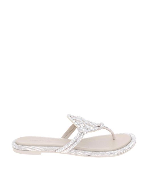 Tory Burch White Miller Sandal In Leather With Applied Pave