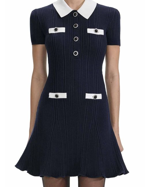Self-Portrait Blue Mini Knitted Dress With Contrasting Collar