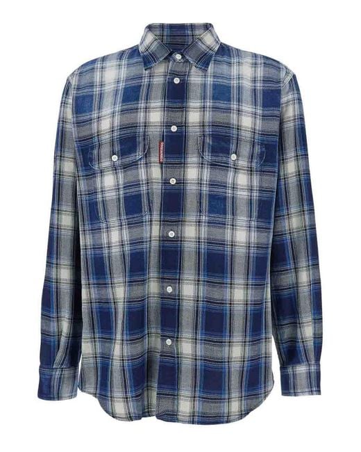 DSquared² Blue Cotton Checked Shirt for men