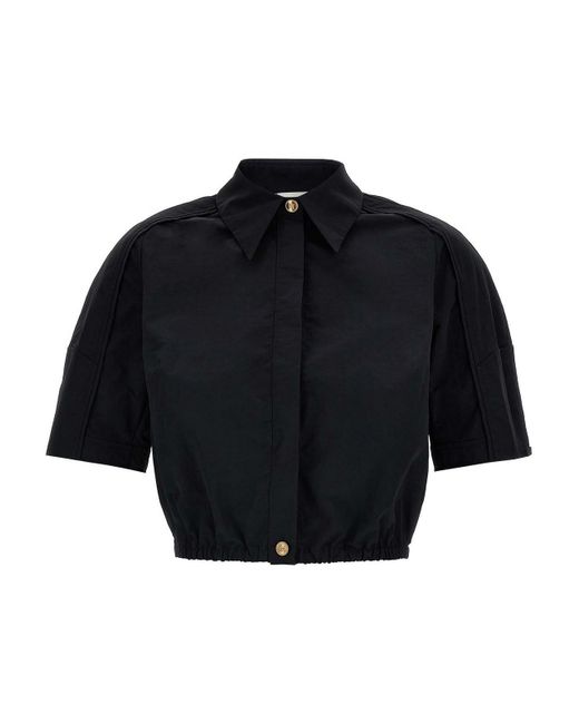 Elisabetta Franchi Blue Structured-Collared Cropped Shirt With Gathered Hem