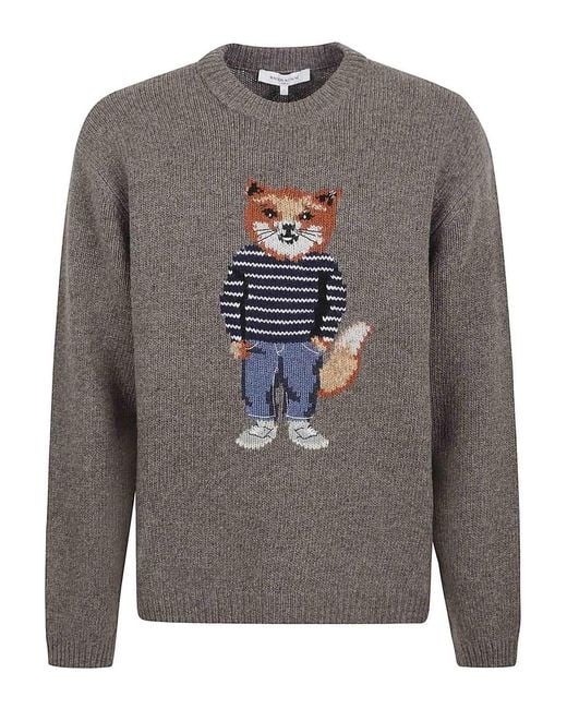 Maison Kitsuné Gray Dressed Fox Intarsia Wool Jumper for men