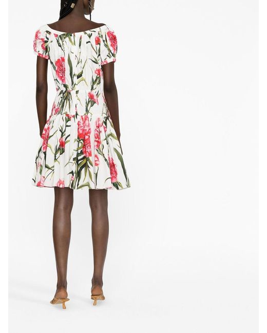 Dolce & Gabbana White Carnation-Print Flared Minidress